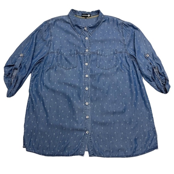 CLAIRE France blue lyocell denim 3/4 sleeves shirt size 18 US anchor pattern - Picture 6 of 12
